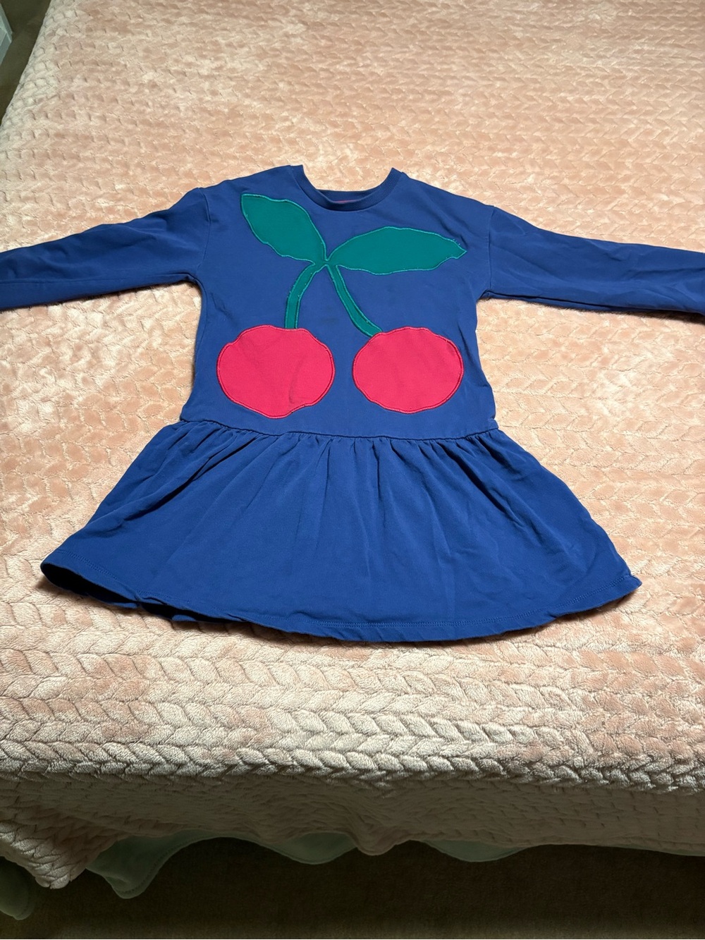 Mini Boden Blue Dress with Red Cherry Appliqué and Green Leaves